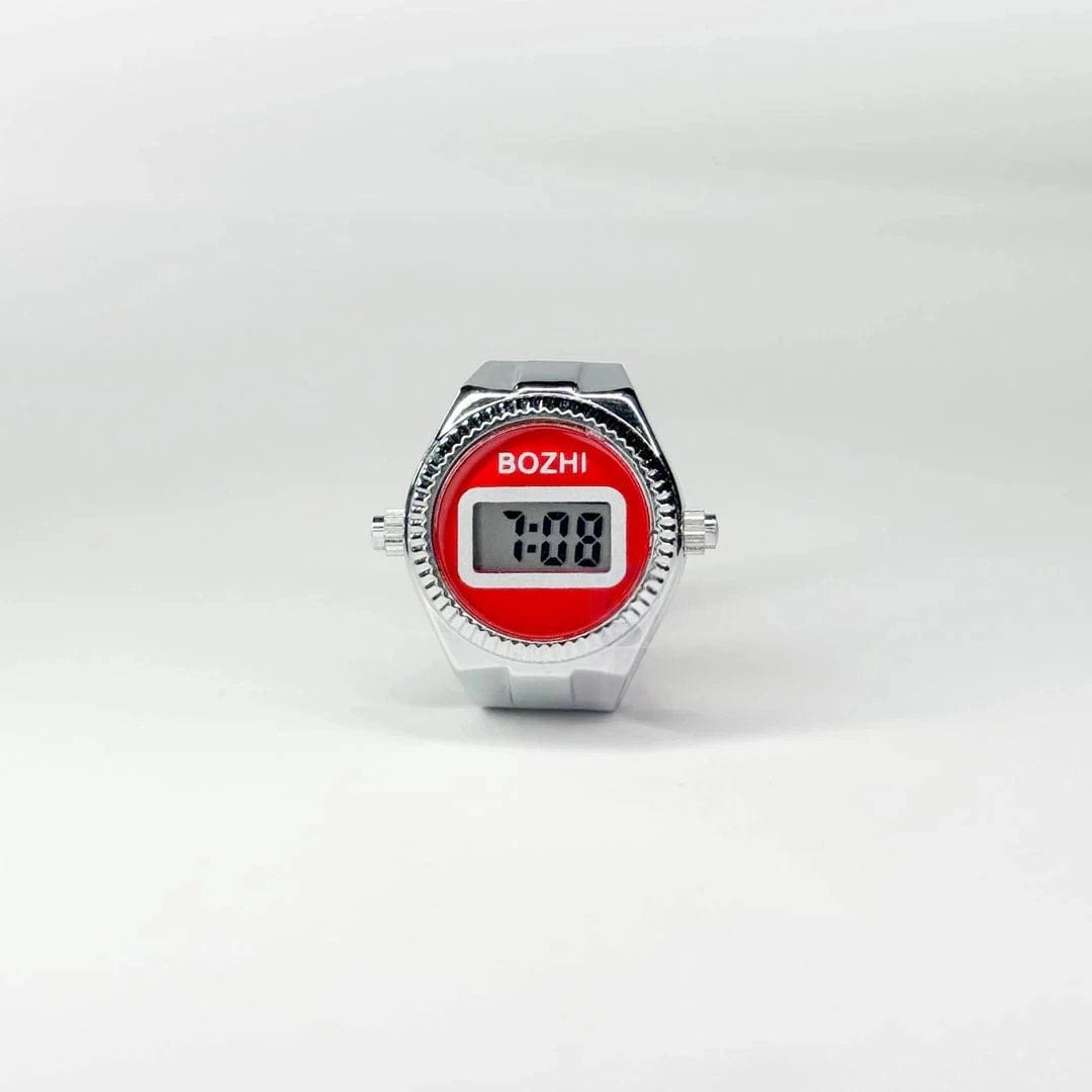 Bague Montre Argent - Cadran Digital Rouge