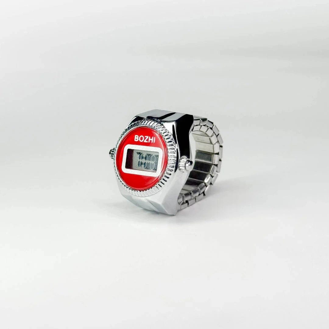 Vue de coté de la Bague Montre Argent - Cadran Digital Rouge