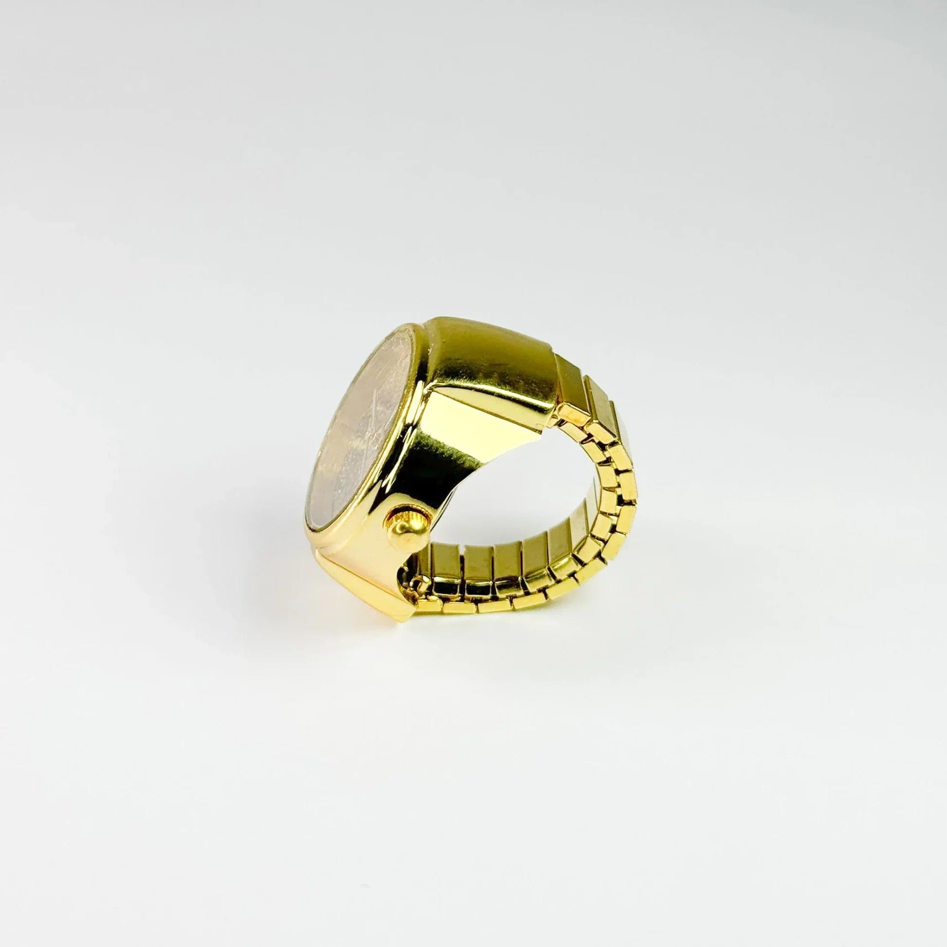 Vue de profil et détail des maillons de la bague montre GLITTER MBM | DORÉ Cadran Pailleté